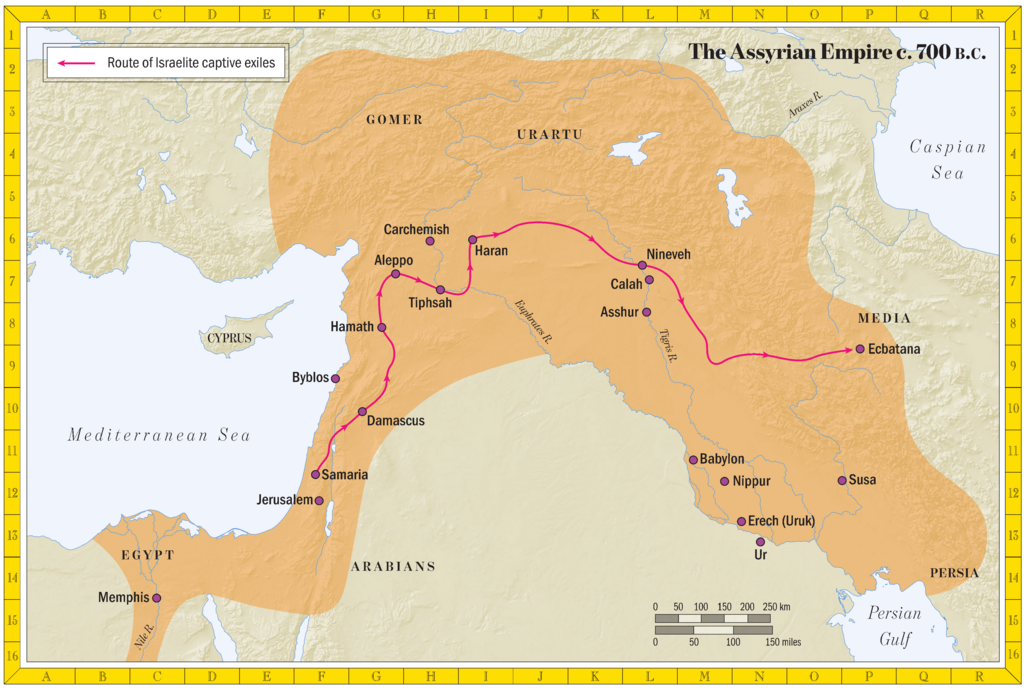 Map showing the Assyrian Empire around 700 BCE in orange, spanning from Egypt to the Persian Gulf. Cities including Nineveh, Babylon, Damascus, and Jerusalem are marked. A pink line traces the route of Israelite captive exiles from Samaria to Nineveh.