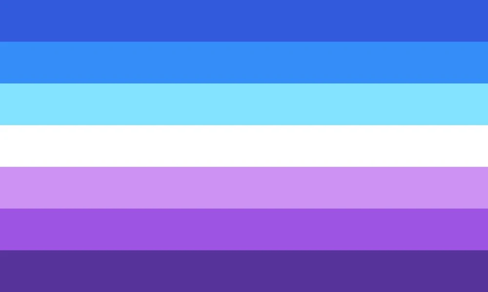 A horizontal striped flag with seven stripes. From top to bottom: dark blue, medium blue, light blue, white, light purple, medium purple, and dark purple. This is the Berrisexuality pride flag.