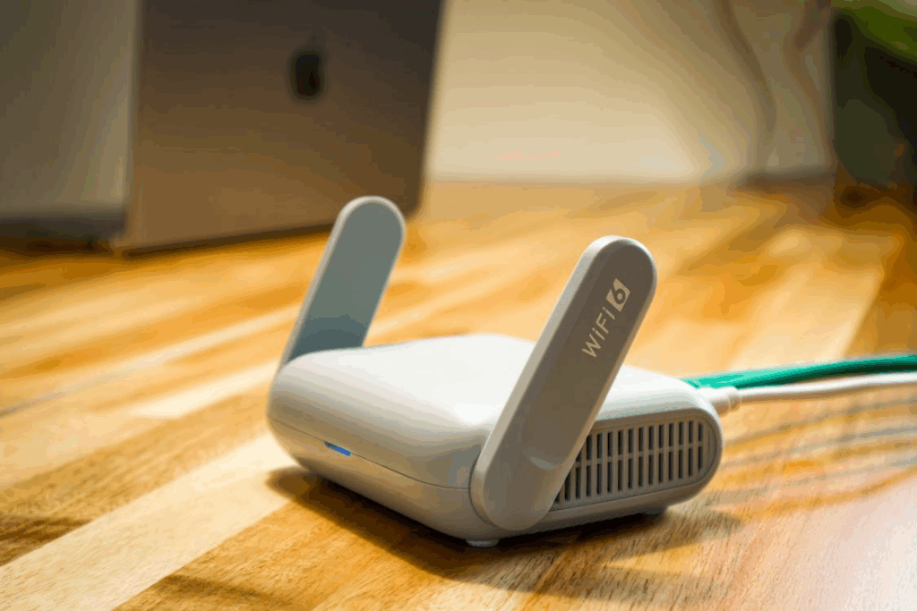 Modern WiFi 6 Router on Wooden Desk