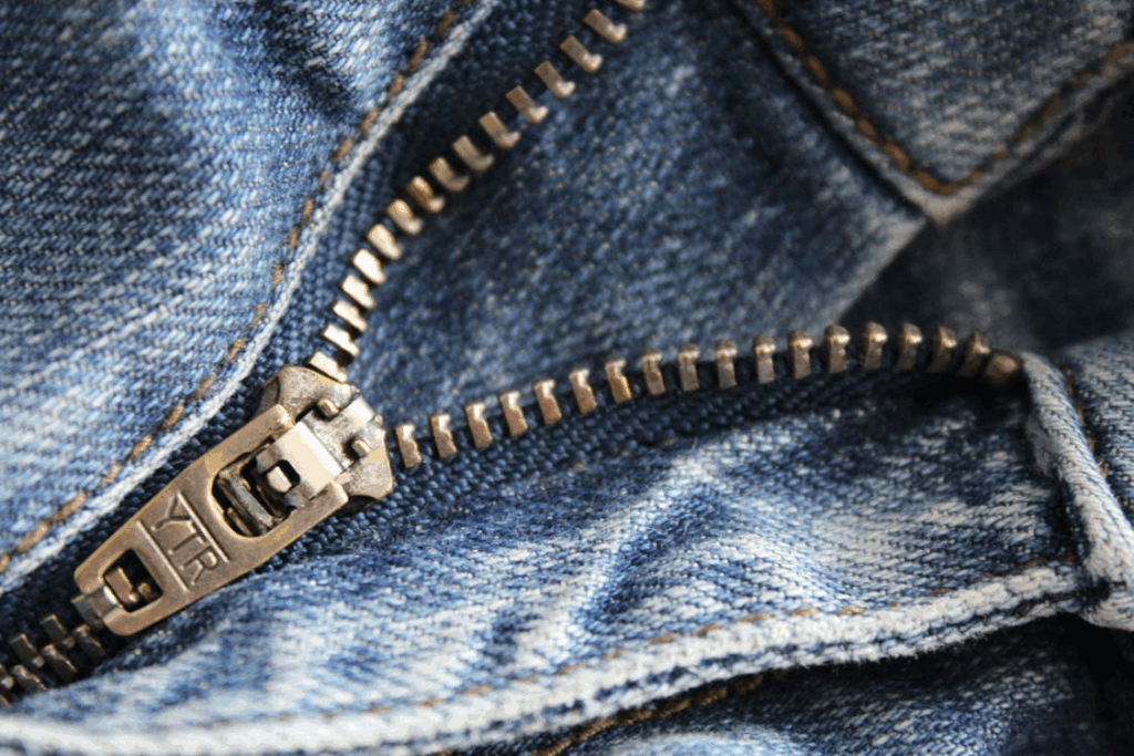 Close Up of Zipper of Blue Denim Bottoms