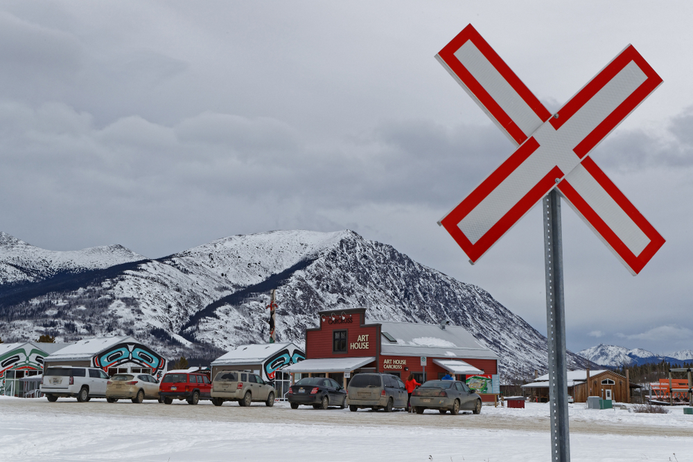 CARCROSS, YUKON, CANADA, March 9, 2019 : Main street in Carcross. Carcross is an unincorporated community, home to the Tagish First Nation.
