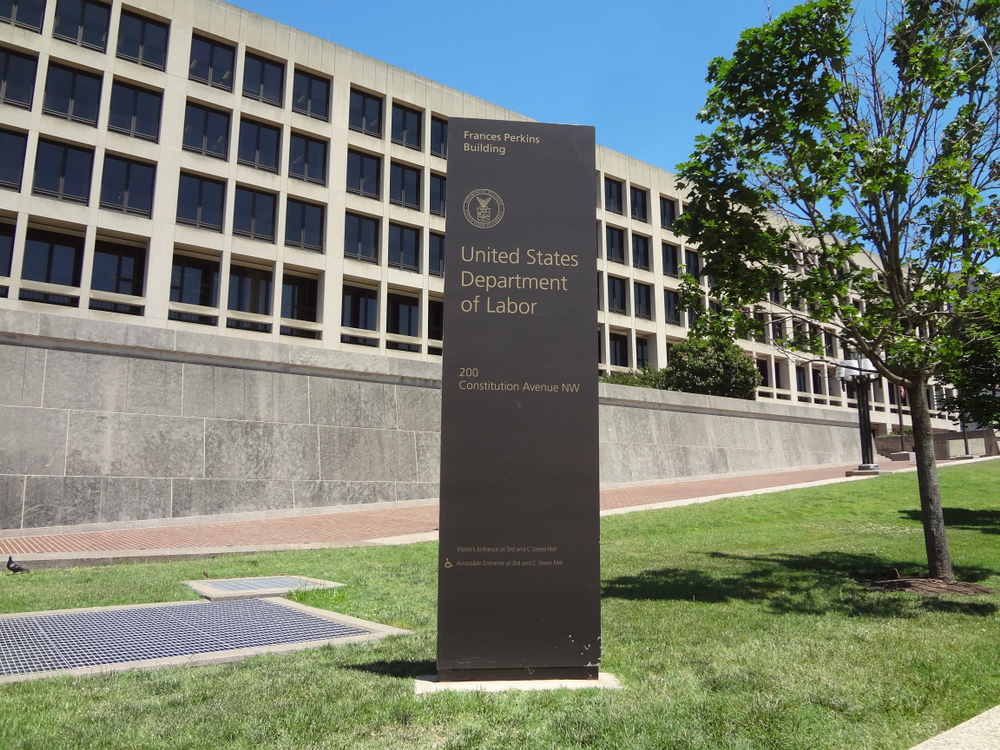 Washington, DC / USA - June 4 2019: Sign for Frances Perkins Building, United States Department of Labor, 200 Constitution Avenue NW