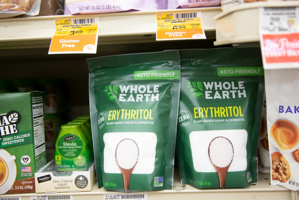 Los Angeles, California, United States - 05-20-2022: A view of several packages of Whole Earth erythritol, on display at a local grocery store.