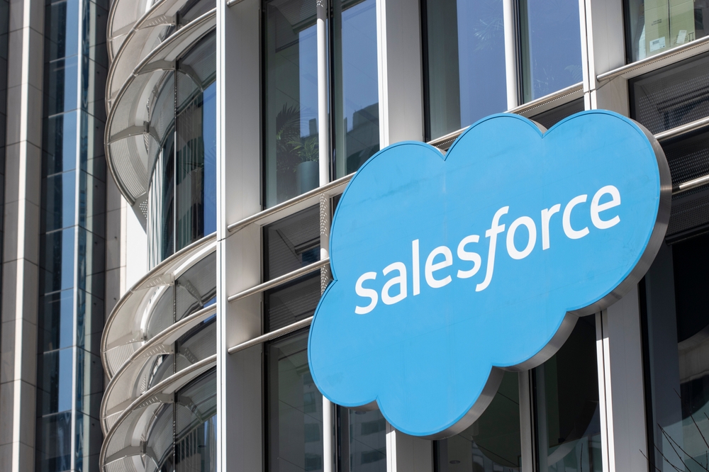 San Francisco, CA, USA - May 1, 2022: Salesforce logo is seen on the facade of Salesforce Tower at its headquarters in San Francisco, California. Salesforce, Inc. is a cloud-based software company.