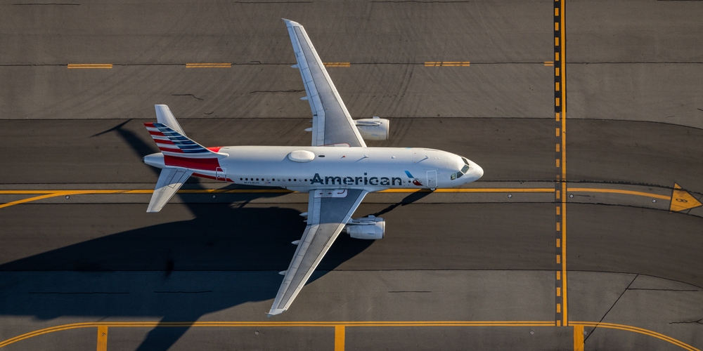 BOSTON, US - Aug 31, 2022: An aerial shot of American Airlines Airbus 319 taxiing at Boston's Logan International Airport