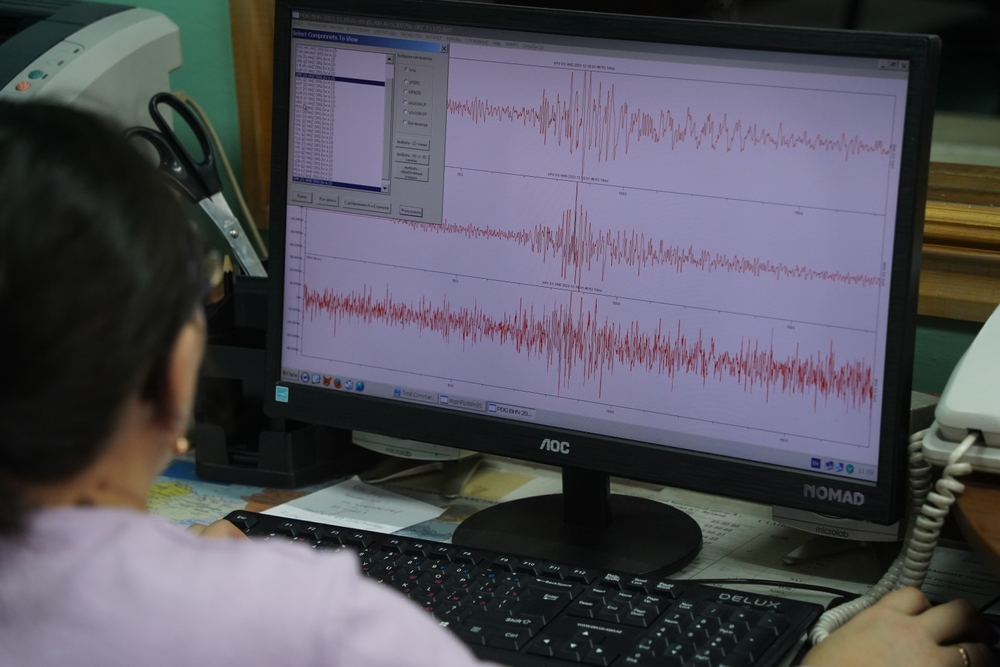 Almaty, Kazakhstan - 12.20.2023 : Employees of the Institute of Seismology analyze data on the strength of earthquake shocks.