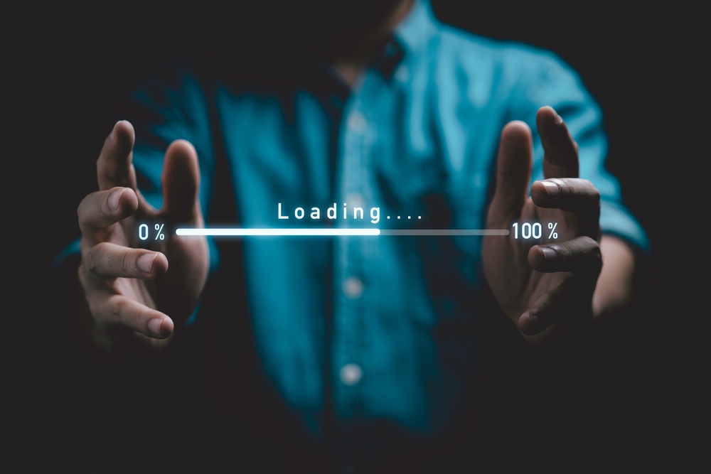 Digital loading bar progress from 0% to 100% between businessman hands for information download data concept.