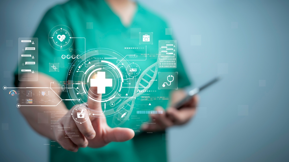 Medical worker touch virtual medical revolution and advance of technology Artificial Intelligence,AI Deep Learning for medical research,Transformation of innovation and technology for future Health