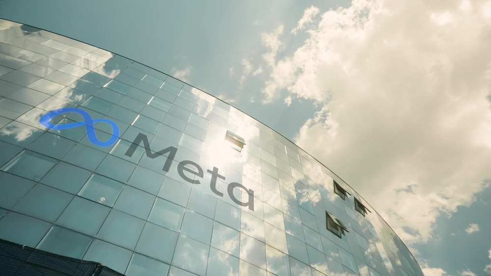 Meta Platforms, Inc logo on the modern office building, view from below, illustrative editorial
