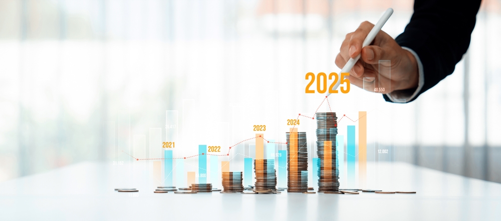 New Year 2025 Concept for Financial Growth and Investment Strategies in a Modern Office Setting Depicting New Year 2025 Business Plans and Business Outlooks