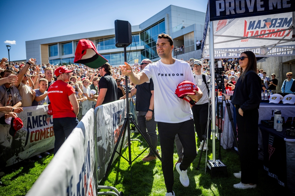 Uttah, United states . — SEPTEMBER 11, 2025: Charlie kirk's distributing promotional goodies during his last speech to Utah Valley University students before his assasination