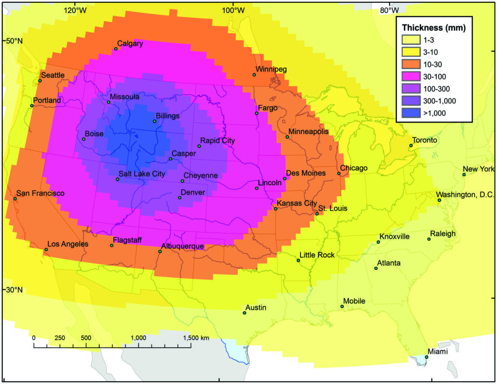  Color-coded map of the United States showing modeled volcanic ash thickness radiating outward from Yellowstone, with purple indicating over 1,000 millimeters near the source, transitioning through pink, orange, and yellow to show decreasing thickness across the country.