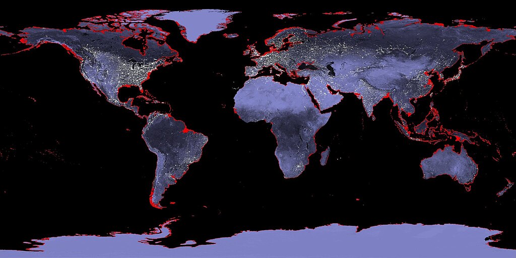 Global map highlighting coastal areas vulnerable to sea level rise, with red zones marking low-lying regions along virtually every continent's coastline and white dots indicating major population centers.