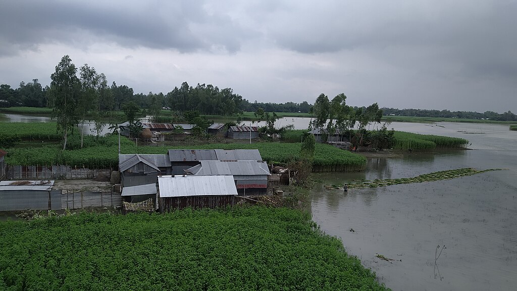 A cluster of tin-roofed homes on a small patch of land nearly surrounded by river water, with flooded rice paddies and trees visible in the overcast distance.