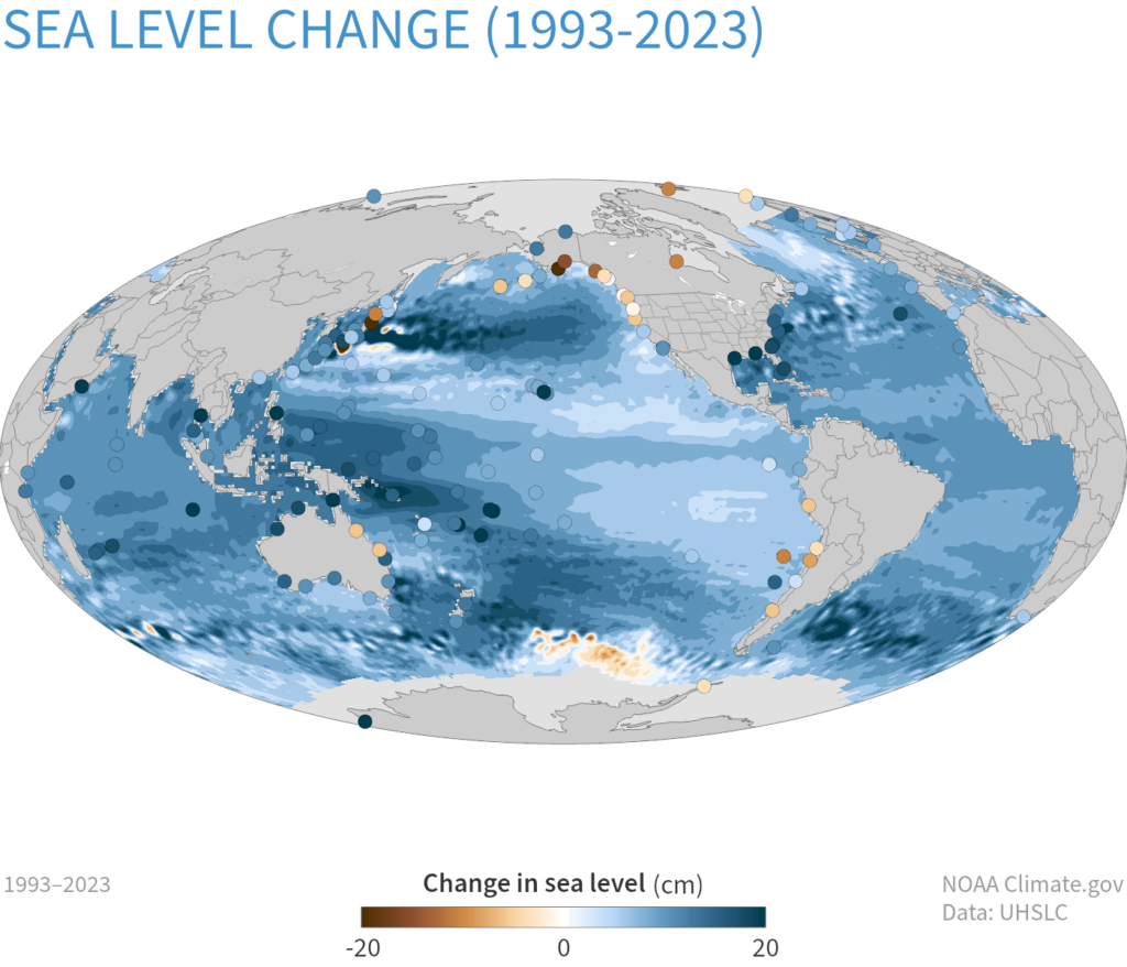 NOAA map showing global sea level change from 1993 to 2023, with most ocean areas in blue indicating rises up to 20 centimeters and scattered coastal monitoring stations marked as dots.