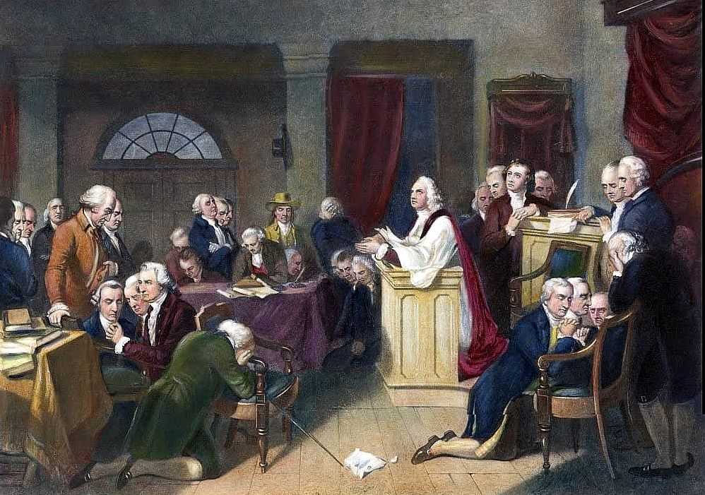 A painting of the First Continental Congress at Prayer.