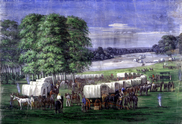 A painting of pioneers crossing the plains of Nebraska.