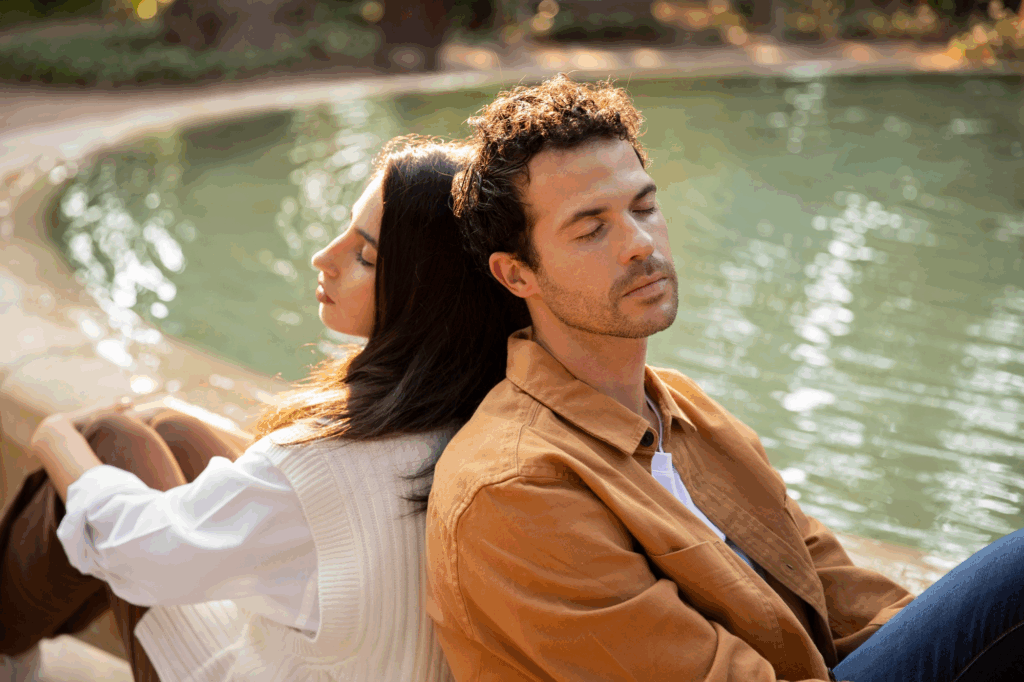 man and woman back to back in front of pool
