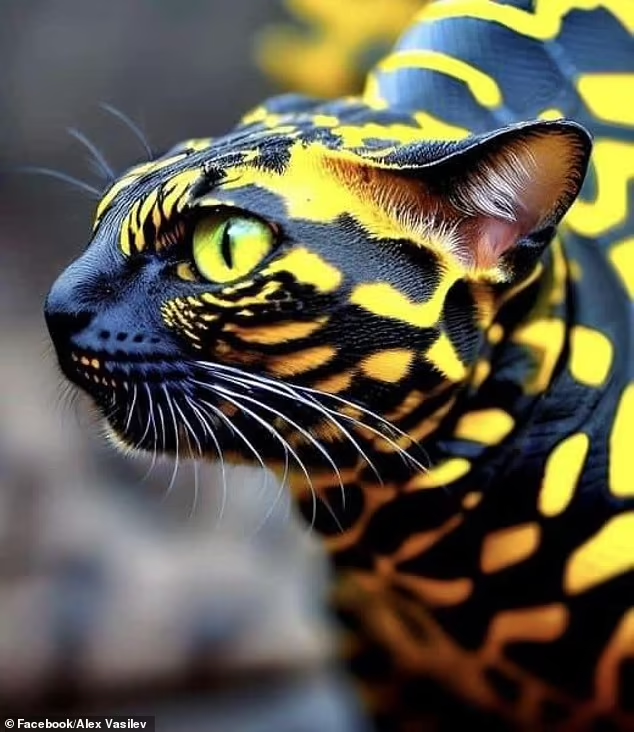A fake image of a cat with reptilian black and yellow splotches on its body.