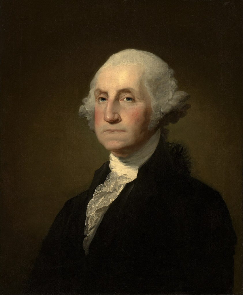 A portrait painting of George Washington.