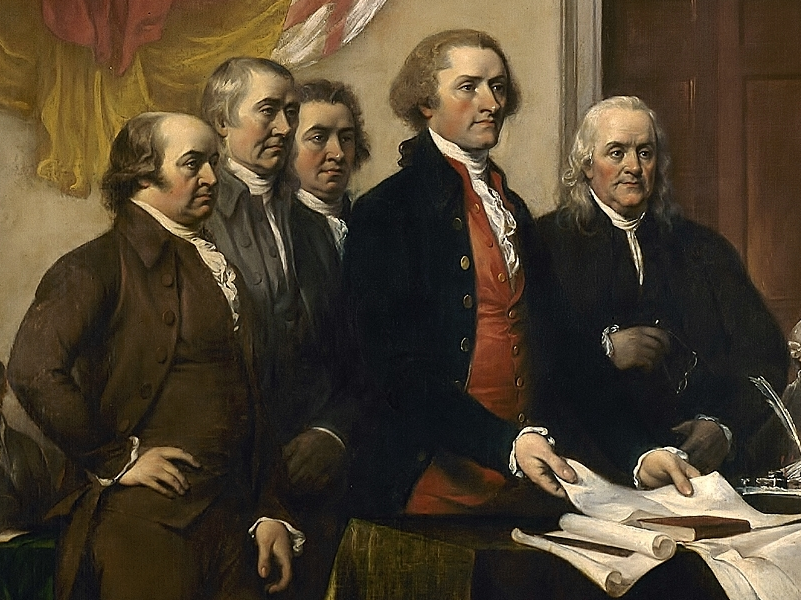 Painting of the Committee of Five presenting their draft of the Declaration of Independence. From left to right: John Adams, Roger Sherman, Robert Livingston, Thomas Jefferson, Benjamin Franklin.