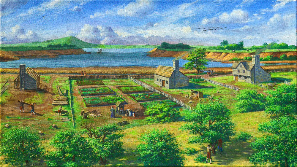 A painting of Providence Plantations as it appeared in 1650.