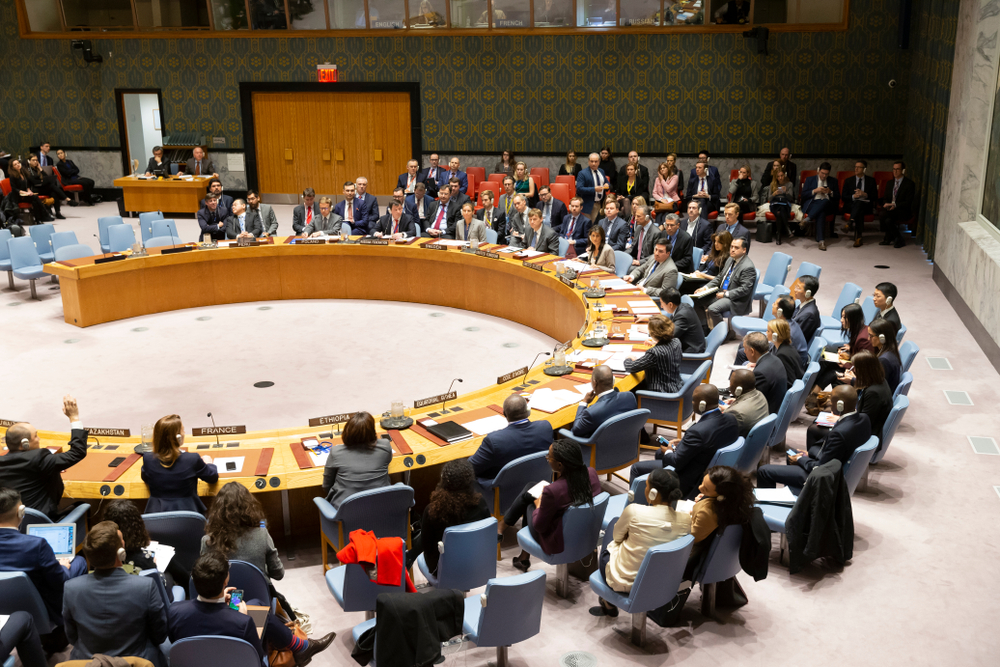 New York, NY - November 26, 2018: For vote to adopt Russian agenda for Security Council meeting on situation in Ukraine at UN Headquarters