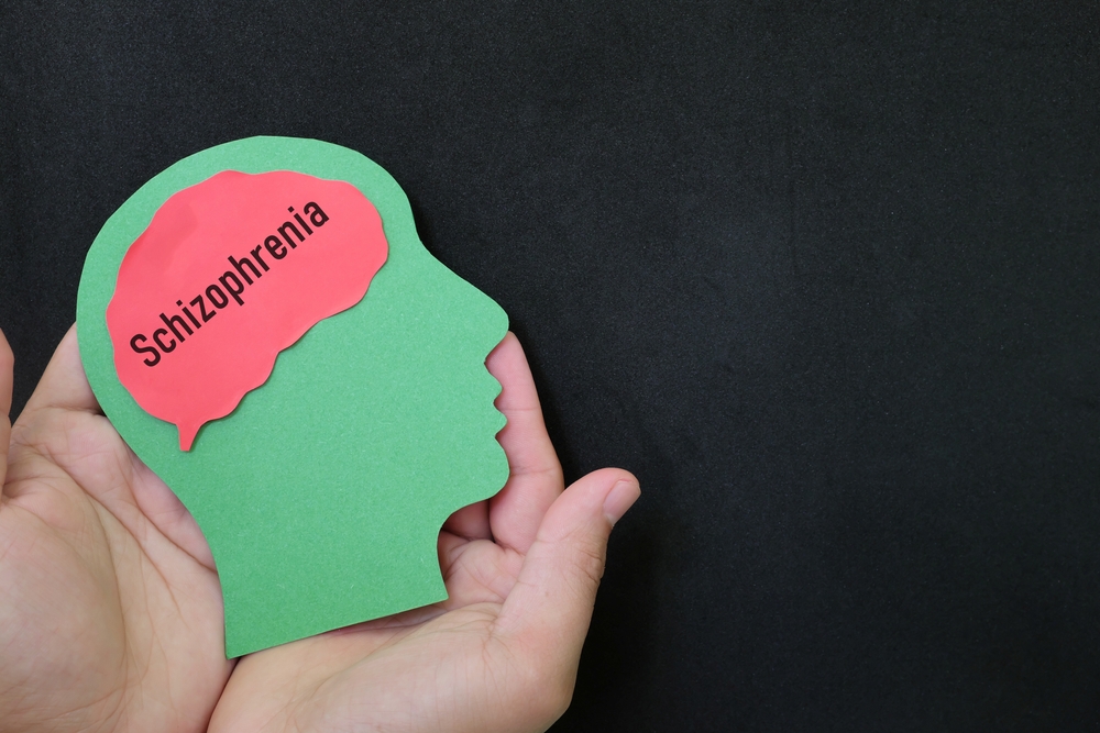 Schizophrenia patient care, recovery, therapy and treatment concept. Hand holding human head profile with word schizophrenia on brain.	