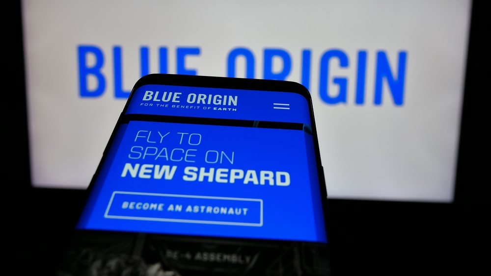 Stuttgart, Germany - 01-23-2025: Smartphone with website of US space company Blue Origin Enterprises LP on screen in front of business logo. Focus on top-left of phone display. Unmodified photo.