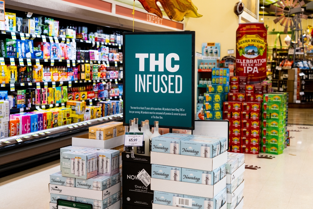Apex, North Carolina - December 6 2025: THC Infused Beverage Drinks Sign Display At Lowes Food Store Showing Alcoholic Replacement Weed Marijuana Cannabis Products