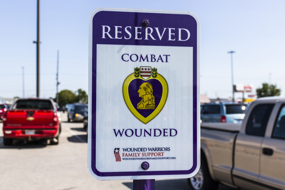 Kokomo - Circa August 2017: Reserved Combat Wounded Veteran/Purple Heart Parking at a Lowe's Home Improvement Warehouse