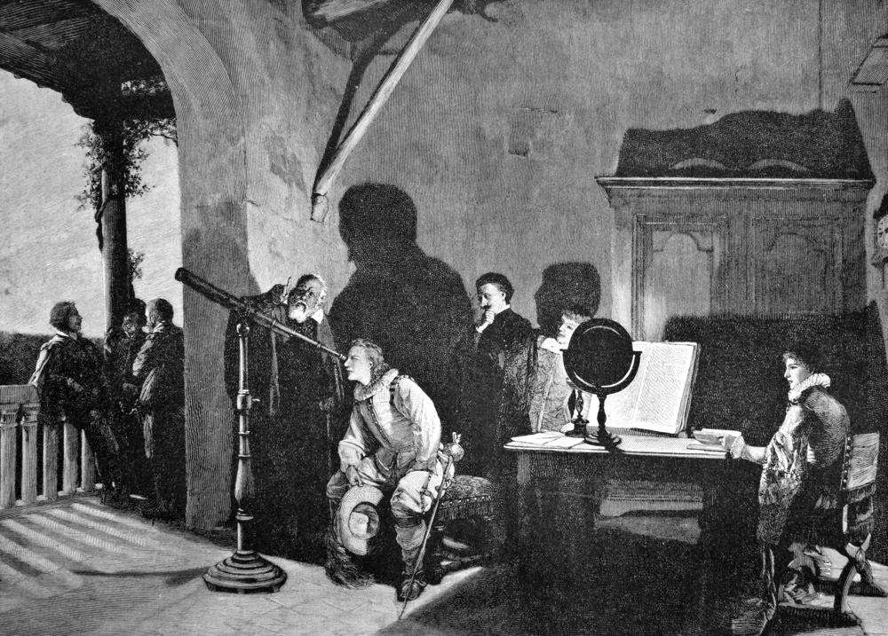 Milton and Galileo. Engraving on steel by Kloss from picture by painter Gatty. Published in magazine "Niva", publishing house A.F. Marx, St. Petersburg, Russia, 1893