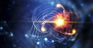 Nanotechnology Breakthroughs Offer Hope in the Fight Against Alzheimer’s conceptual representation of a quantum physics molecule or subatomic structure. It illustrates the interplay of forces and particles within the quantum realm