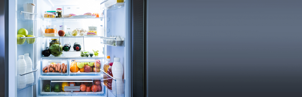 Full Open Refrigerator Or Fridge At Night In Kitchen