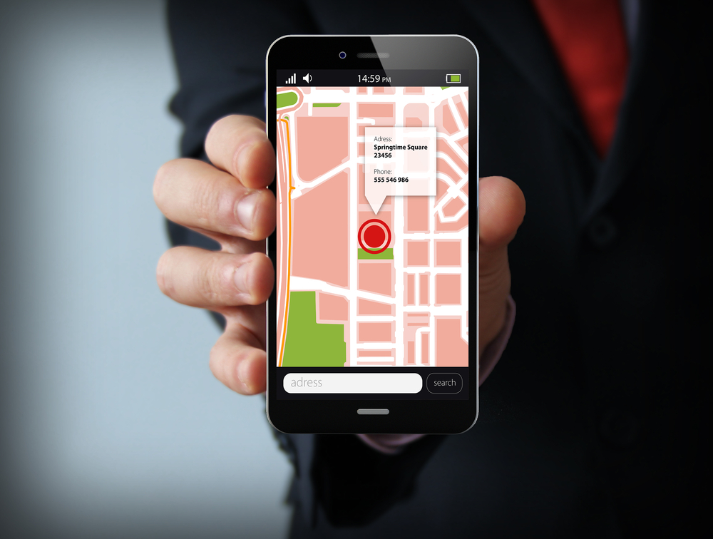smart phone navigation - mobile gps 3d concept: location app on touchscreen smartphone