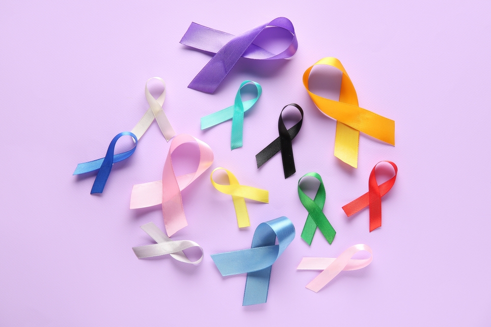 Colorful ribbons on lilac background. World Cancer Day