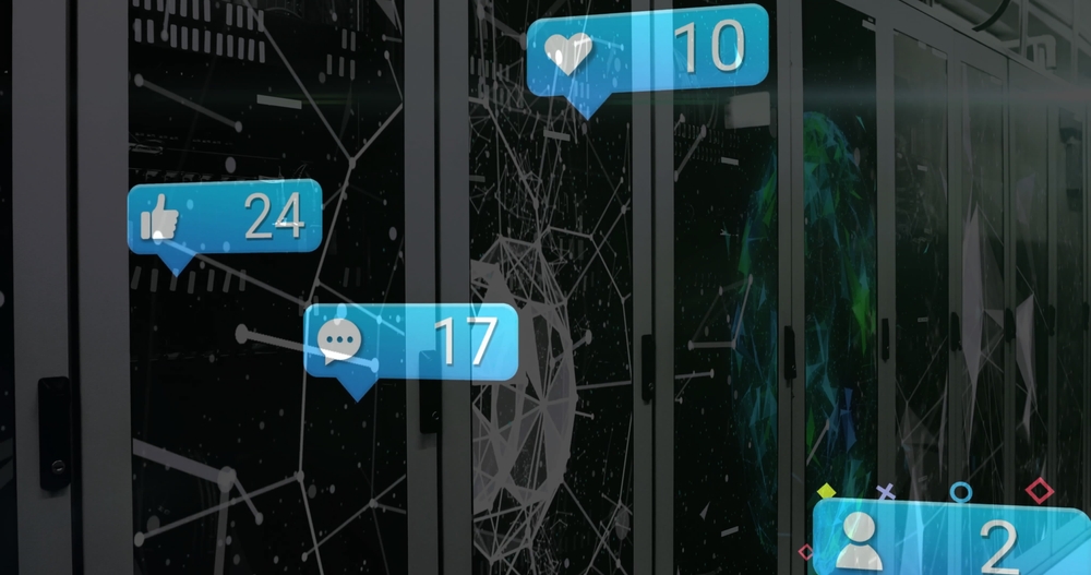 Image of social media data processing over computer servers. Global social media, connections, cloud computing and data processing concept digitally generated image.