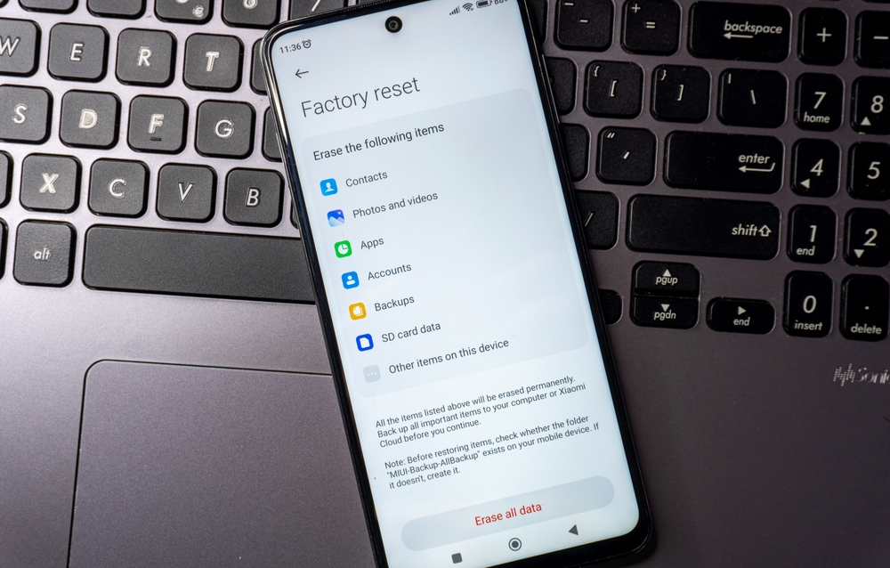 Arad , Romania - February 02 2025: The Android phone shows the factory reset section in the settings