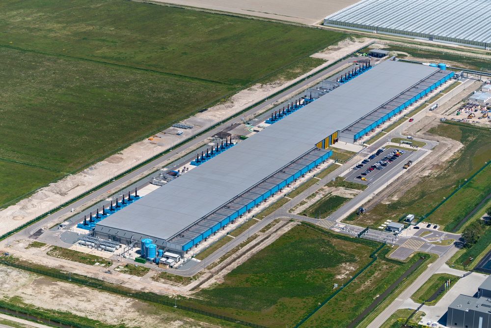 2 June 2021, Middenmeer, Holland. Aerial view of new Google and Netflix datacenter HPE Nimble near Wieringerwerf, Netherlands.