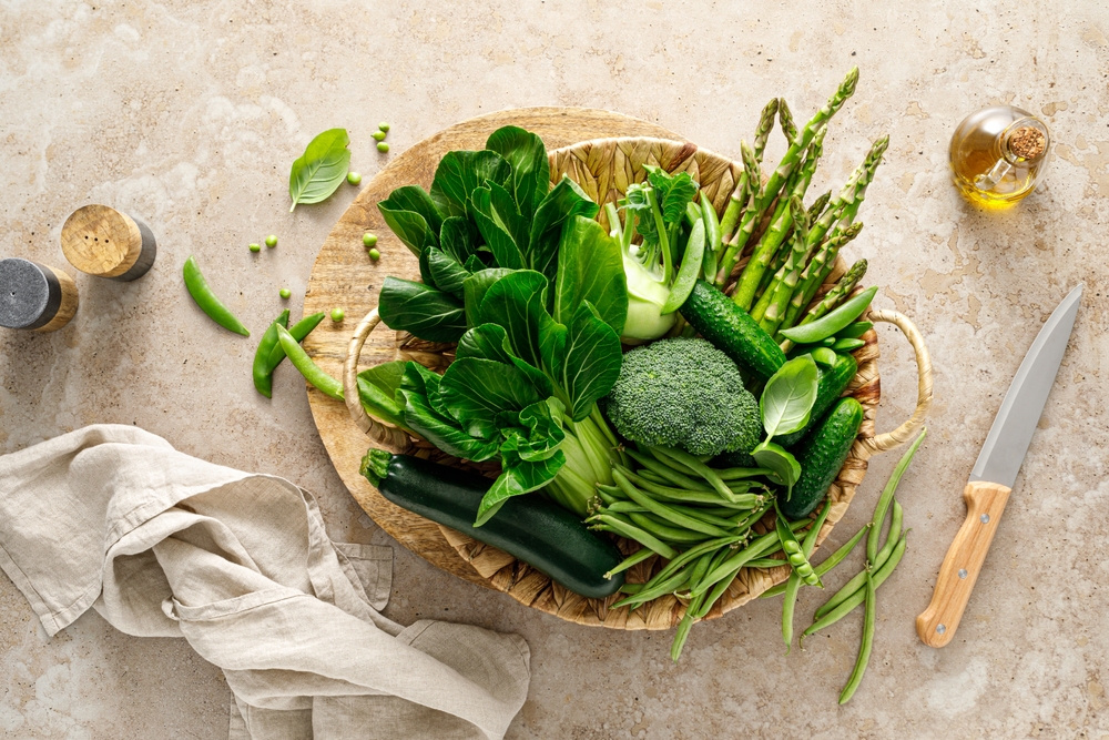 Green vegetable background. Various green vegetables. Veggies. Clean eating, healthy vegetarian, vegan food concept, copy space, top view