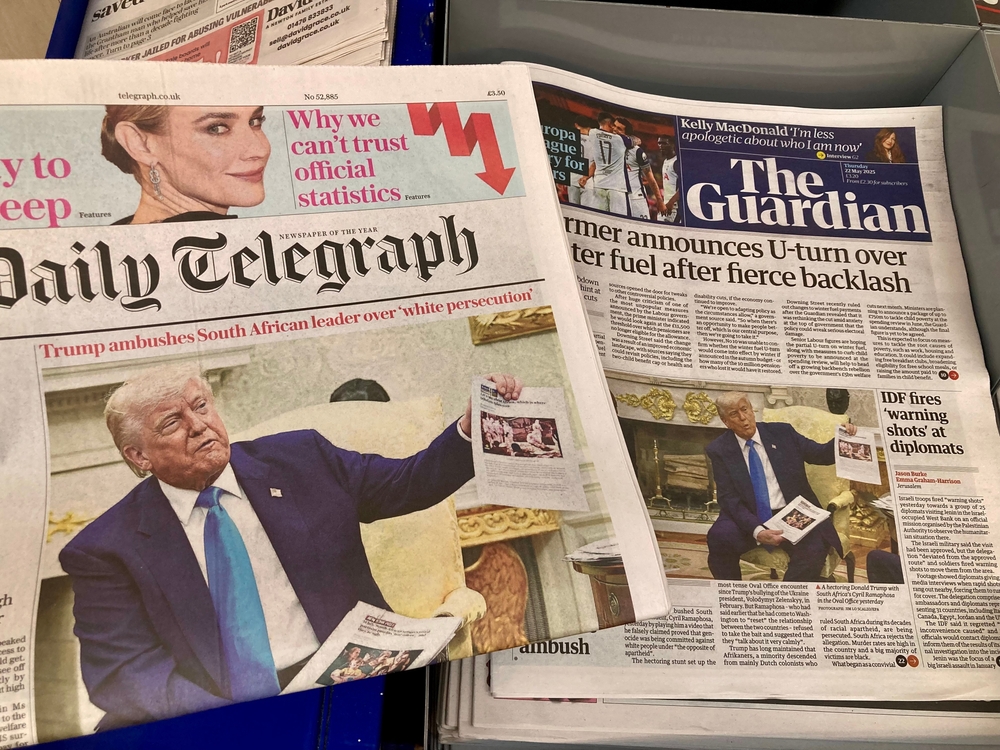 Nottinghamshire , UK 22 May 2025 : Cover picture of UK newspaper concern Trump claim white farmers being targeted in South African over persecution 