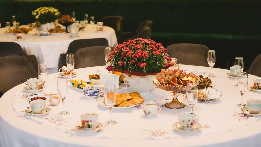A sophisticated venue prepared for a corporate event, business conference, or formal gala. Concept for hospitality, catering, and event planning.