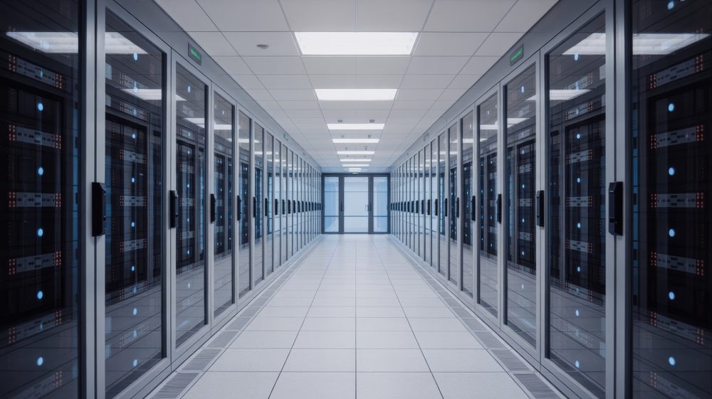 A data center with rows of server racks and network equipment in a long corridor. The lighting is bright and the perspective is centered. Ideal for tech concepts.