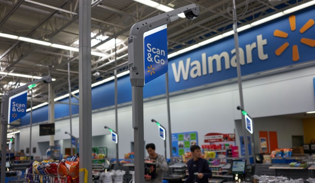 Scan & Go" sign is seen at the self checkout area in a Walmart Supercenter in Tigard, Oregon.