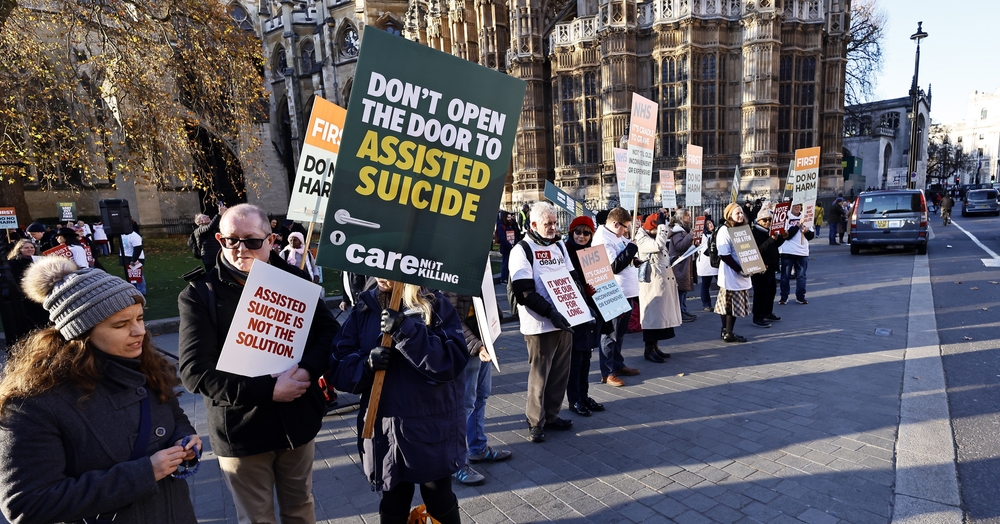 Westminster, London, UK, 29th November 2024. Protest outside the House of Commons against the assisted dying bill being introduced.