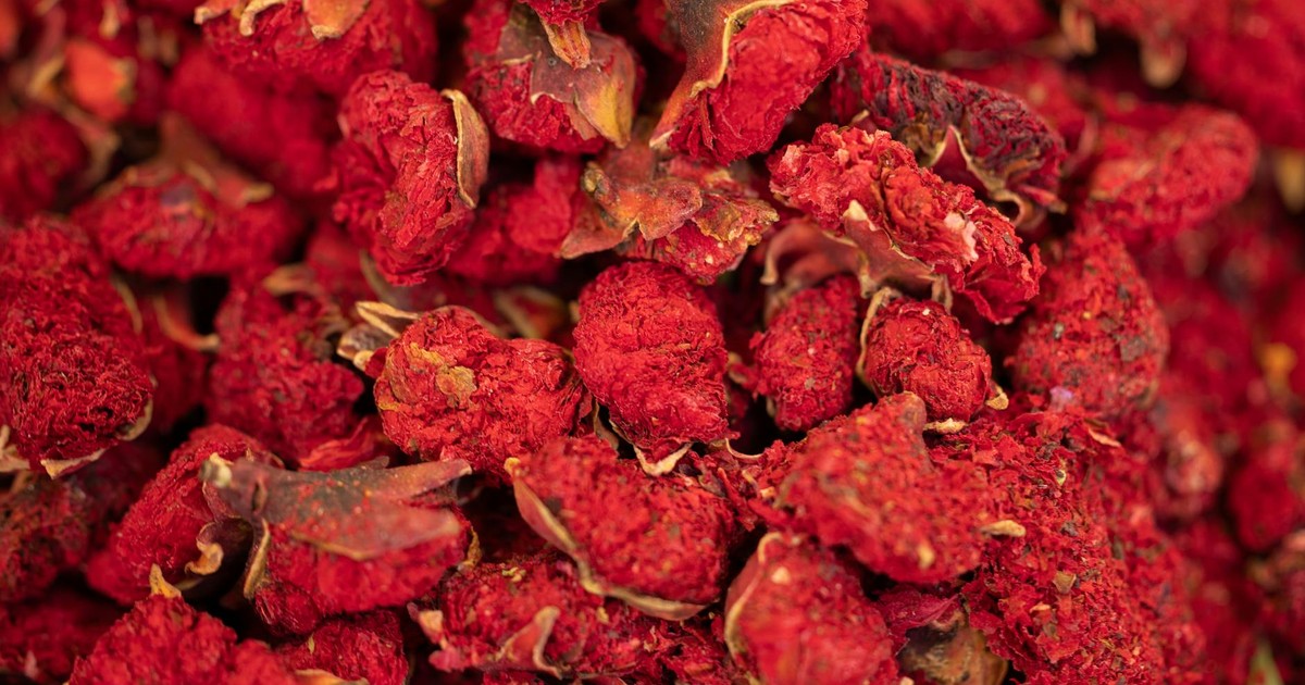 A colorful arranged close-up of vibrant red dried pomegranate flowers, ideal for herbal displays.