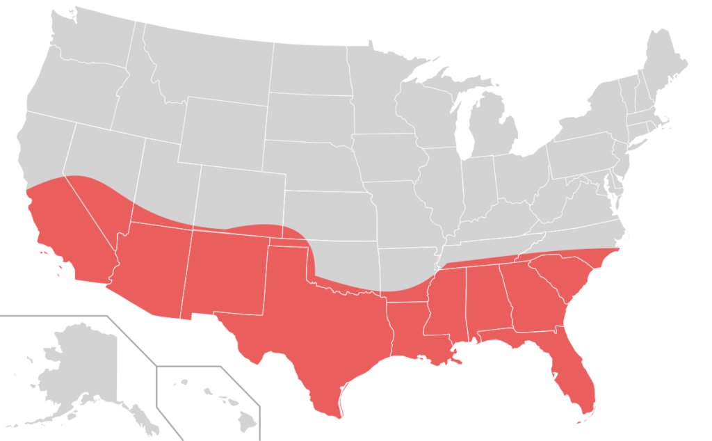 A map of the United States with the Sun Belt region highlighted in red, covering the southern states from California across to the Carolinas and Florida.