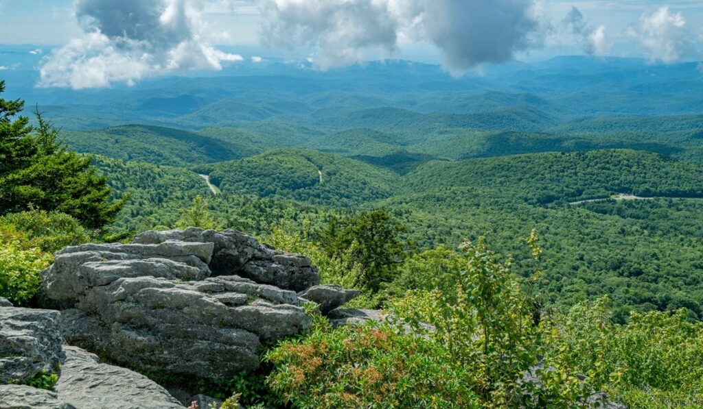  Beautiful view of the Blue Ridge Parkway mountains in North Carolina with focus on mid section