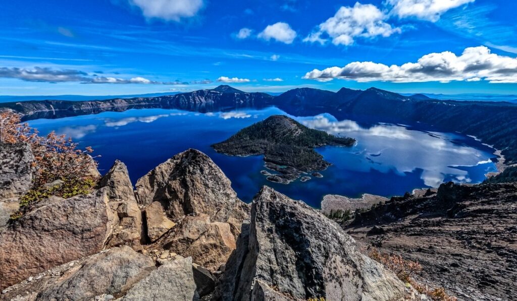 beautiful sunny day at crater lake national park in oregon