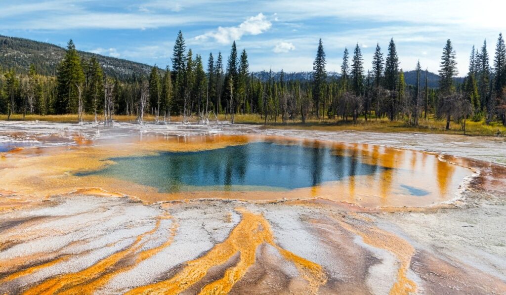Yellowstone National Park features the stunning Grand Canyon of the Yellowstone, carved by the Yellowstone River. Located in Gallatin and Park County, Montana, it was explored by Ferdinand V. Hayden.